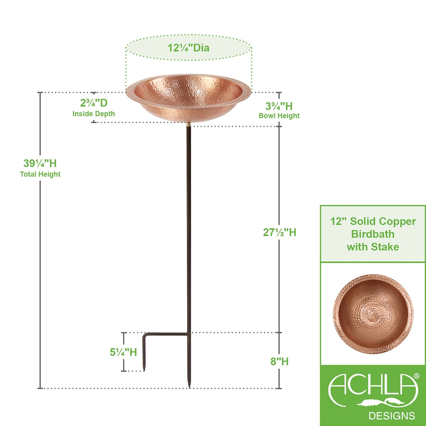 Hammered Solid Copper Birdbath- Stake