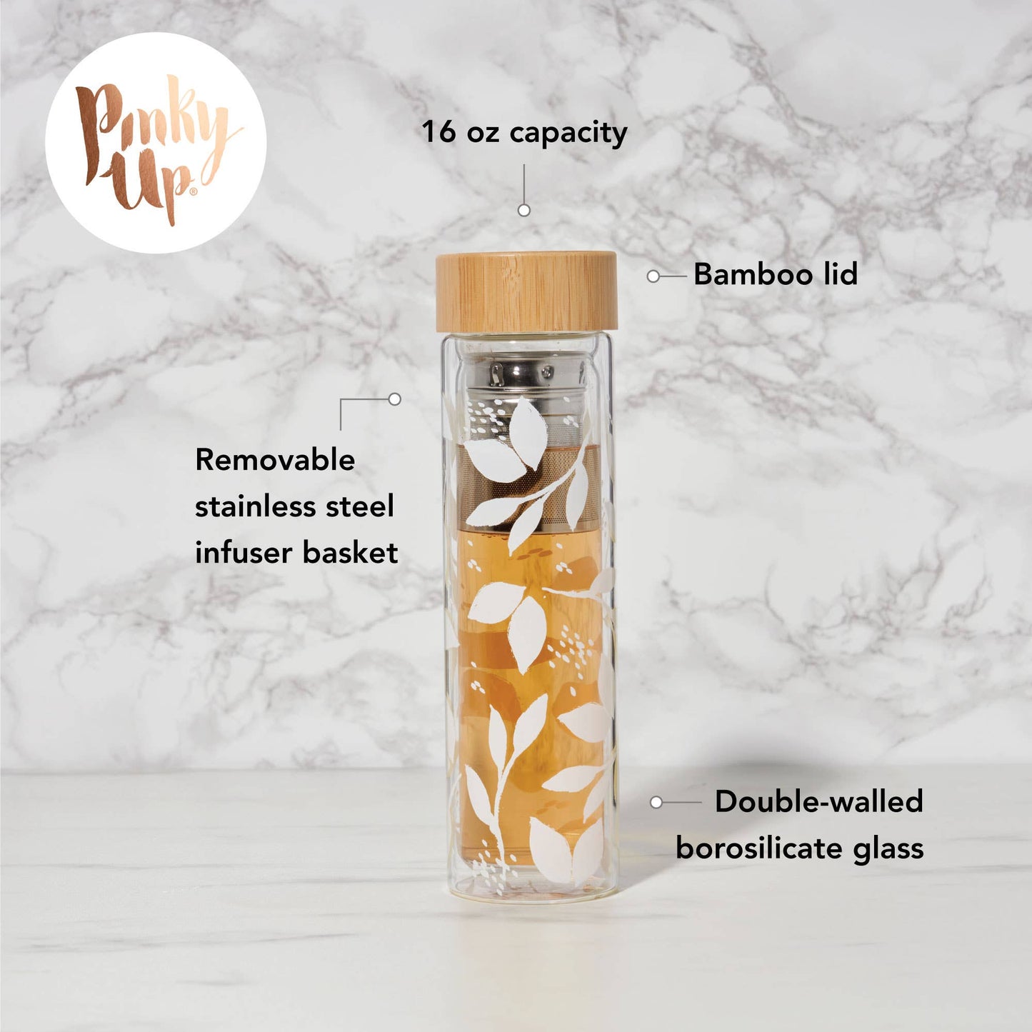 Blair™ Insulated Glass Travel Mug w/ Infuser - White Leaf