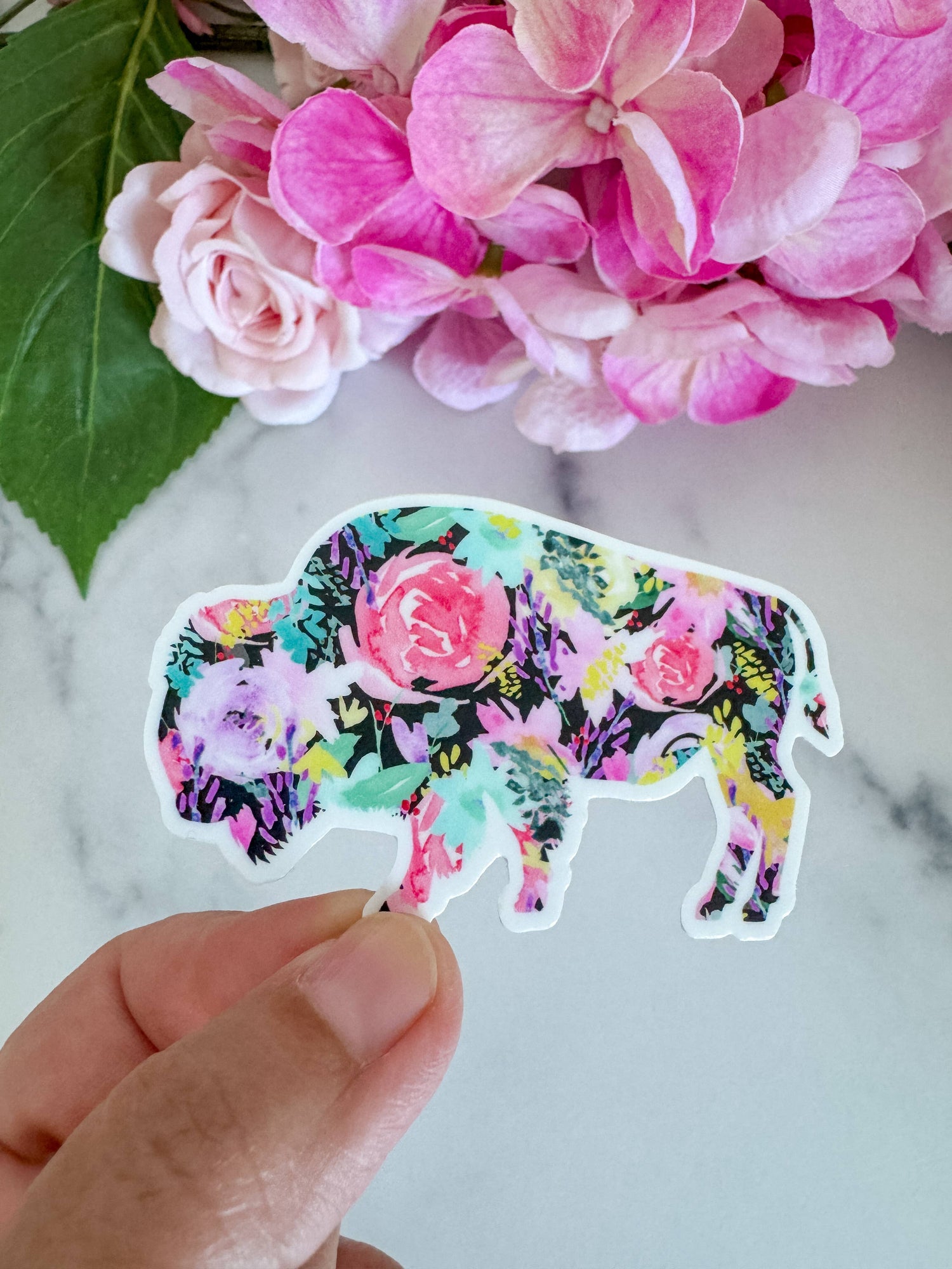 Bright Floral Black Bison Watercolor Sticker Decal