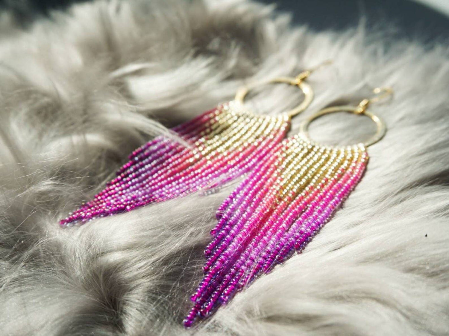 Jewel - Handwoven Fringe Hoop Earrings: Pink & Gold Earrings