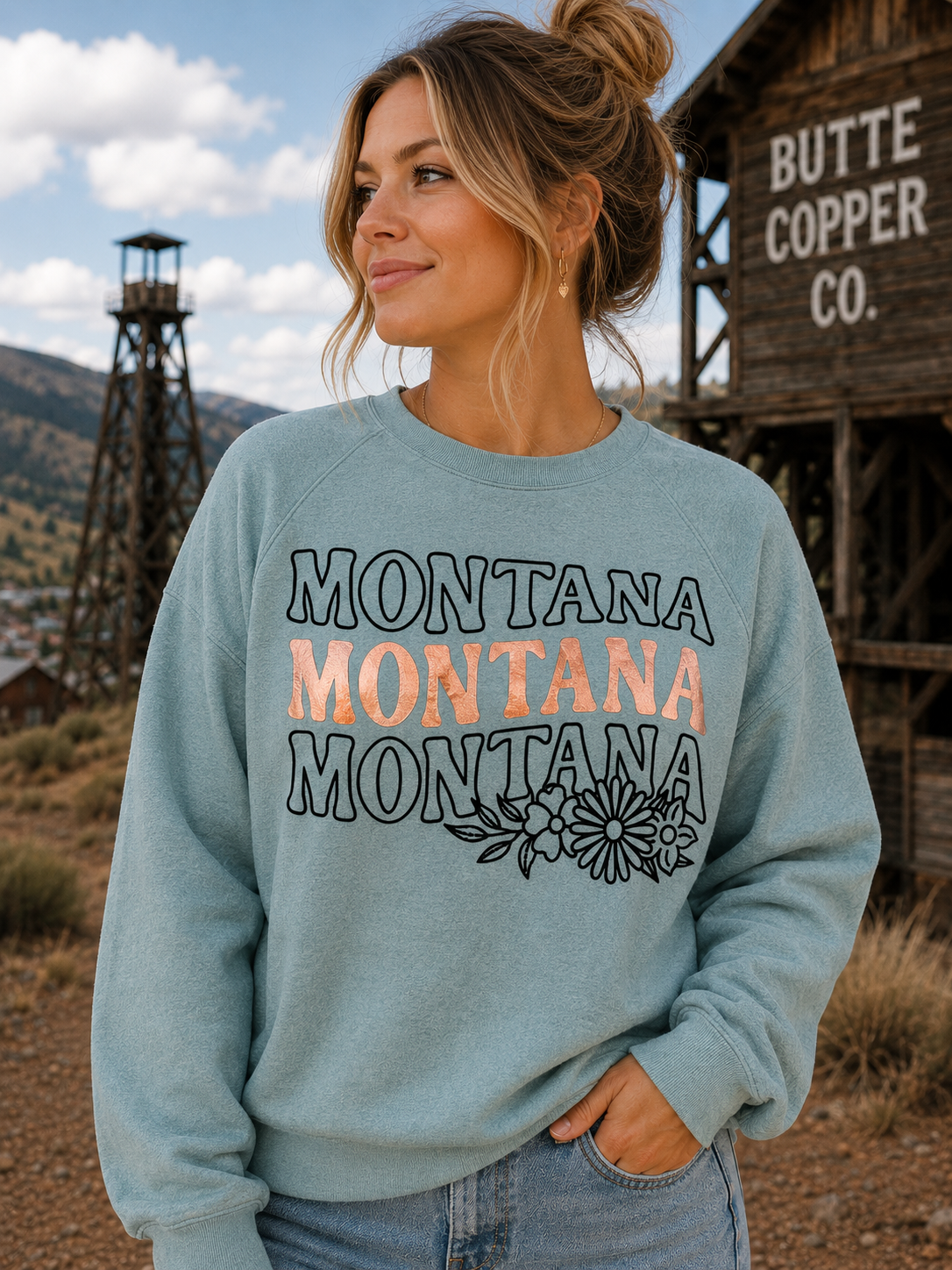 Montana Wildflower Crewneck-Heather Blue Lagoon