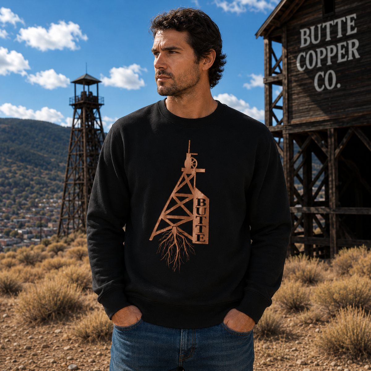 Butte Roots Black Crewneck