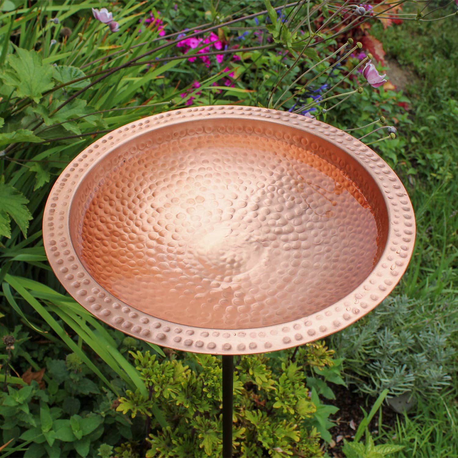 Hammered Solid Copper Birdbath- Stake