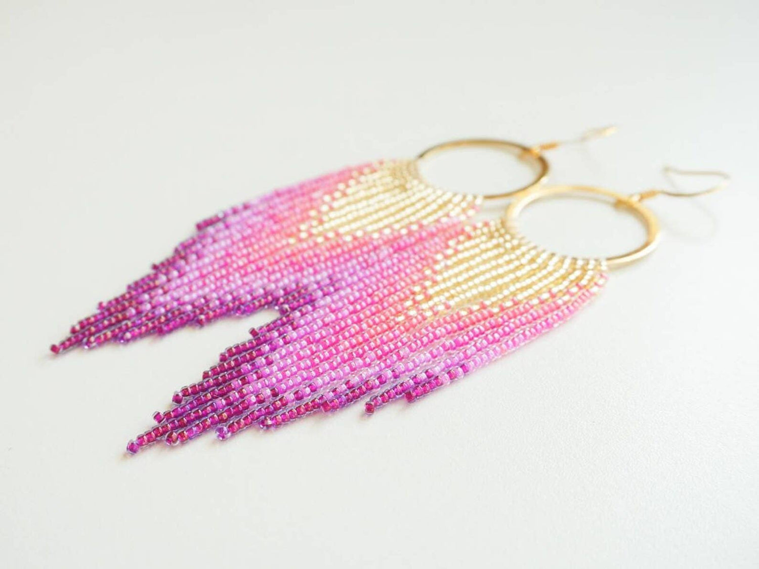Jewel - Handwoven Fringe Hoop Earrings: Pink & Gold Earrings